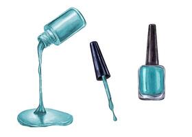 Turquoise nail polish. Nail polish spilled from the bottle. Drop, stain, splash. Brush with black cap. Shiny spill puddle. Watercolor illustration. Beauty and cosmetics, manicure, for design. vector