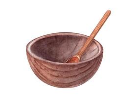 Wooden Bowl with Spoon Set. Kitchen wood utensil for soup, Acai. Cooking handmade tools for food. Watercolor illustration of brown tableware. Template for home decor, cookbook, recipe design, vector