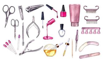 Set of tools for Manicure and pedicure procedure. Nail treatment. Cosmetic instruments. Scissors. Nail polish, cutter, nipper, clipper, nail file. Watercolor illustration for beauty salon design. vector