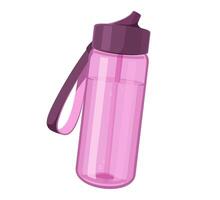 Transparent pink water bottle with a dark cap and strap. Fitness and hydration concept. vector