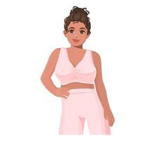 Young black woman in pink sportswear. Cartoon illustration of girl in yoga suit. Fitness and healthy lifestyle concept. vector