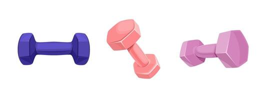 Colorful dumbbells set isolated. Collection of fitness equipment in purple, pink, and violet. Health and fitness concept. vector