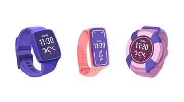 Set of smartwatches in different styles. Illustrations of wearable technology with time and health monitoring display. Fitness trackers, smart timepieces collection. vector