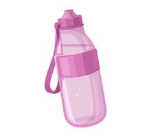 Transparent pink water bottle with strap and protective lid isolated. Hydration and outdoor activity concept. vector