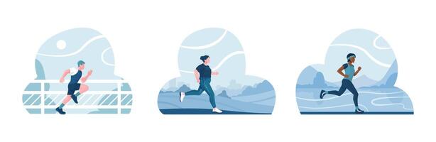 Runners on urban trail. Illustrations of male and female athletes in motion. Jogging and fitness concept for design and poster. Flat design style with minimalistic backgrounds. vector