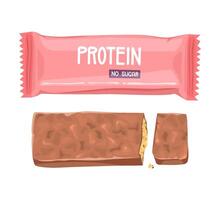 Protein bar with no sugar in pink packaging and unwrapped. Healthy snack. Fitness concept. vector