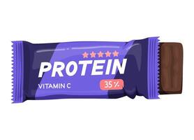 parcialmente sin envolver chocolate proteína bar con vitamina C en un púrpura envoltura. nutricional suplemento y salud concepto. vector