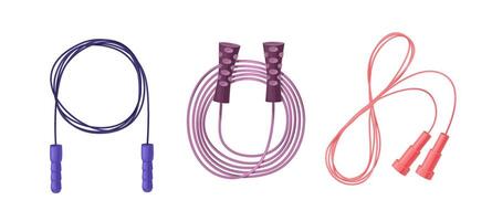 Set of colorful jump ropes in purple, violet, and red. Illustrations of fitness equipment for cardio workouts. Exercise and fitness accessories concept. vector