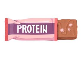 Half-opened protein bar in pink wrapper with visible chocolate bar. Health and fitness nutrition concept. vector