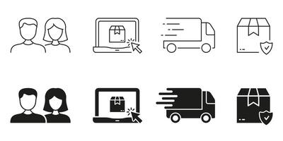 Ecommerce, Online Store Line and Silhouette Icon Set. Order In Internet Supermarket Symbol Collection. Express Shipping Pictogram. Delivery Box Sign. Isolated Illustration vector
