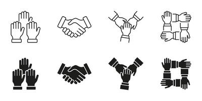 Human Hands Together Symbol Collection. Business Alliance Line and Silhouette Icon Set. Teamwork And Cooperation Black Pictogram. Partnership Handshake, Meeting Sign. Isolated Illustration vector