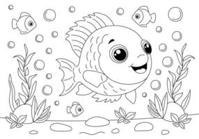 Coloring book page with cute smiling fish in bubbles and underwater plants. outline illustration for children. vector