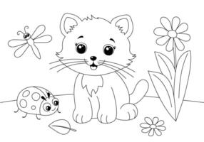 Coloring book page with cute cat and ladybug sitting in grass. outline illustration for children. vector