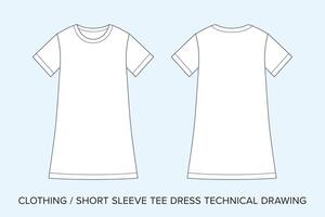 Tee Dress with Short Sleeves, Technical Drawing, Apparel Blueprint for Fashion Designers vector