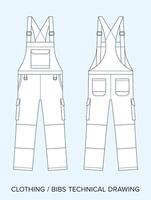 Blank Bibs with Pockets Technical Drawing, Apparel Blueprint for Fashion Designers. Detailed Editable Illustration, Black and White Clothing Schematics, Isolated Background. vector