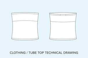 Blank Tube Top Technical Drawing, Women Apparel Blueprint for Fashion Designers. Detailed Editable Illustration, Black and White Clothing Schematics, Isolated Background vector