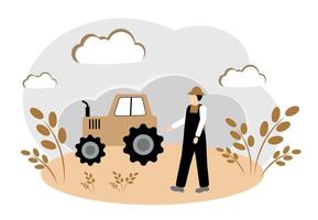 Fertile field concept with farm tractor. Ingathering. Agronomist, farmer in a wheat field. vector