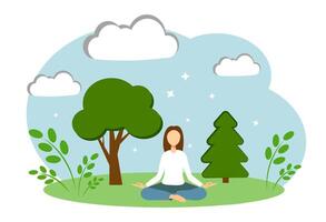 mujer meditando en naturaleza. mujer sentado en loto posición vector