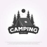 tent in a forest logo design. template of tent camp with pine tree background vector