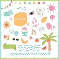 hand drawn children doodle illustration set of simple flat style summer holiday vibe sticker pack. Cute vacation elements in bright pastel colour. vector