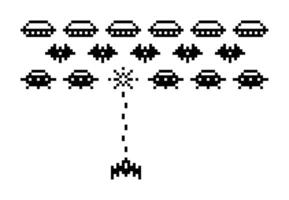 espacio arcada. píxel Arte 8 bits retro juego con extraterrestre OVNI naves espaciales y cohete. intergaláctico batalla con invasores escena Años 80 computadora estilo vector