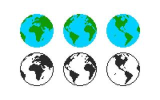 Pixel Earth. Globe world map in color and silhouette pixel art 8 bit style, oceans and continents. Earth planet for retro game and eco concept. isolated icons vector