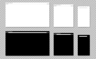 Browser mockup. Blank website window with tab, toolbar and search field for computer, tablet and phone. Internet browser template, light and dark mode page set vector