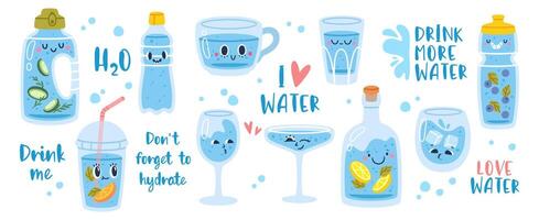 Cute cartoon water bottle. Drink more water. Funny drinking bottles mascot character. Comic cup, glass, plastic flask. Lettering and quotes about water balance. set vector