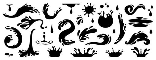 Water splash silhouettes. Black liquid shapes, ink drops, falling watering, cry tears, paint spill, spray, wet circle ripples, aqua splatter. Water symbols and water objects. set vector