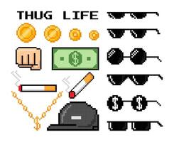 Pixel art thug life. Boss, gangster elements. Comic pixelated rapper attributes. Funny golden coins and money, chain, sunglasses, fist, hat and cigarette. Mafia deal. set vector