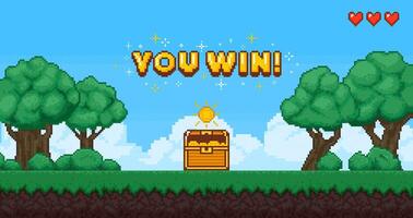 Pixel game art win background. Retro 8 bit games screen, computer game victory with coins, grass and trees. Pixel level up arcade interface for winner. concept vector