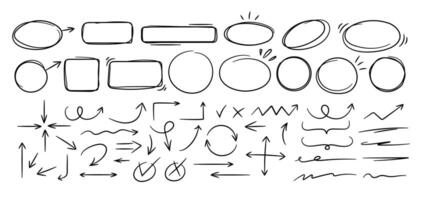 Sketch line frames, pointers. Doodle arrow, circle, oval and square shape frame, check mark elements. Freehand black marker, pen underline and navigation symbols. set vector