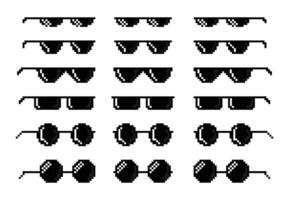 Pixel glasses. Thug life sunglasses meme, like a Boss. Comic 8 bit pixelated black gangster accessory icons. Cartoon 16 bit rapper eyeglasses. Network joke emoticon. set vector