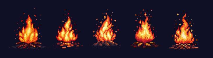 Pixel art campfire. Red bonfire, fire wood burning with big flame and sparks on dark night background. 8 bit pixel game style isolated set vector