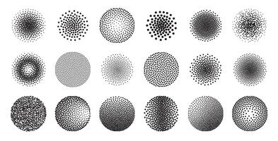 Stipple brushes. Round halftone dotted patterns, engraving stippling radial elements for artistic brushes. Grain dotted grunge gradient, splashed stains set vector