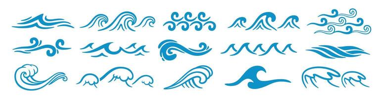 resumen mar ondas. Oceano silueta agua florituras, ondas, chinos, salpicaduras turquesa y azul agua marina íconos para gráfico diseño. logo modelo. conjunto vector