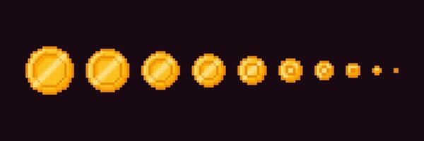Pixel art coins. Flat gold coin animation from big to small for 8 bit game. Cartoon gaming animated pixeled yellow money icon for arcade game. concept vector