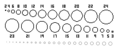 Pixel circles. Pixel art base circle shapes in various radius, diameter size from 2 to 24 pixels. Round elements isolated set vector