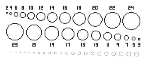 Pixel circles. Pixel art base circle shapes in various radius, diameter size from 2 to 24 pixels. Round elements isolated set vector