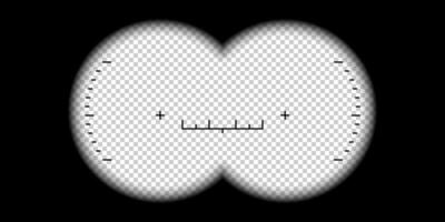 Binoculars viewfinder. Binocular POV frame with aim sight and measuring scale, watcher view look through the binoculars lenses. Realistic 3d template vector