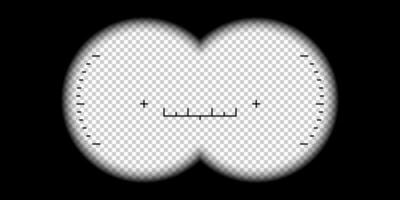 Binoculars viewfinder. Binocular POV frame with aim sight and measuring scale, watcher view look through the binoculars lenses. Realistic 3d template vector