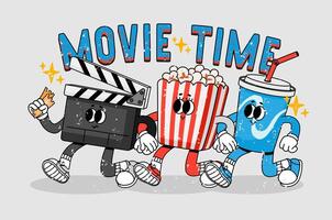 Cinema retro characters. Movie time, cartoon theater mascots. Funny theater food, pop corn, soda and clapperboard with ticket. character with legs, hands. concept vector