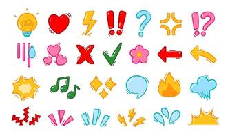 Doodle expressions sign. Comic emotion effects, Manga hand drawn color decorative emoticons elements. Expressive lines, directional arrows, sparkles, heart, question mark. set vector