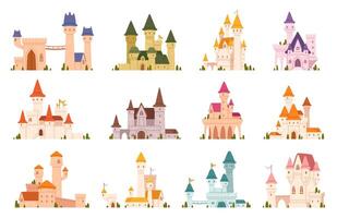 Fairy tale castles. Cartoon magic kingdom palace. Royal house. Fabulous medieval high building with tower and citadels. Fairy princess castle for story. collection vector
