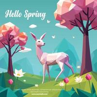 Hello spring card template with low poly deer with flowers and nature geometric polygonal style vector
