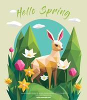 Hello spring card template with low poly deer with flowers and nature geometric polygonal style vector