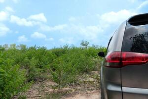 coche gris color en el suelo la carretera en el verde campo. bajo bosque areas en el zona tropical. antecedentes de azul cielo y blanco nubes foto