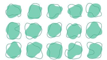 15 Modern Tosca Asymetric Shapes liquid irregular blob with Green line abstract elements graphic flat style design fluid illustration set. Nice amoeba blobs, blotches, drops or stains bundle vector
