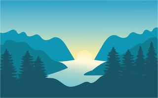 Mountain and lake panorama landscape in flat illustration logo design template vector