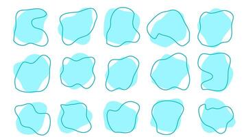 15 Modern Light Blue Asymetric Shapes liquid irregular blob with Blue line abstract elements graphic flat style design fluid illustration set. Nice amoeba blobs, blotches, drops or stains bundle vector